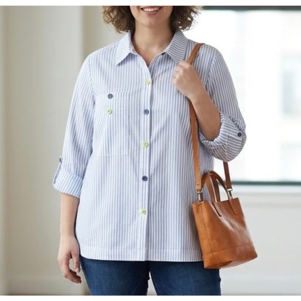 NWT ALI MILES Tunic 3/4 Roll Tab Sleeve 1X Lagenlook Artsy Striped Buttons